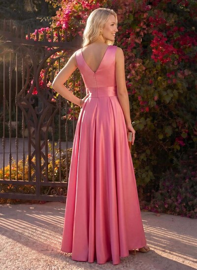 A-Line V-Neck Sleeveless Floor-Length Satin Evening Dresses With Cascading Ruffles