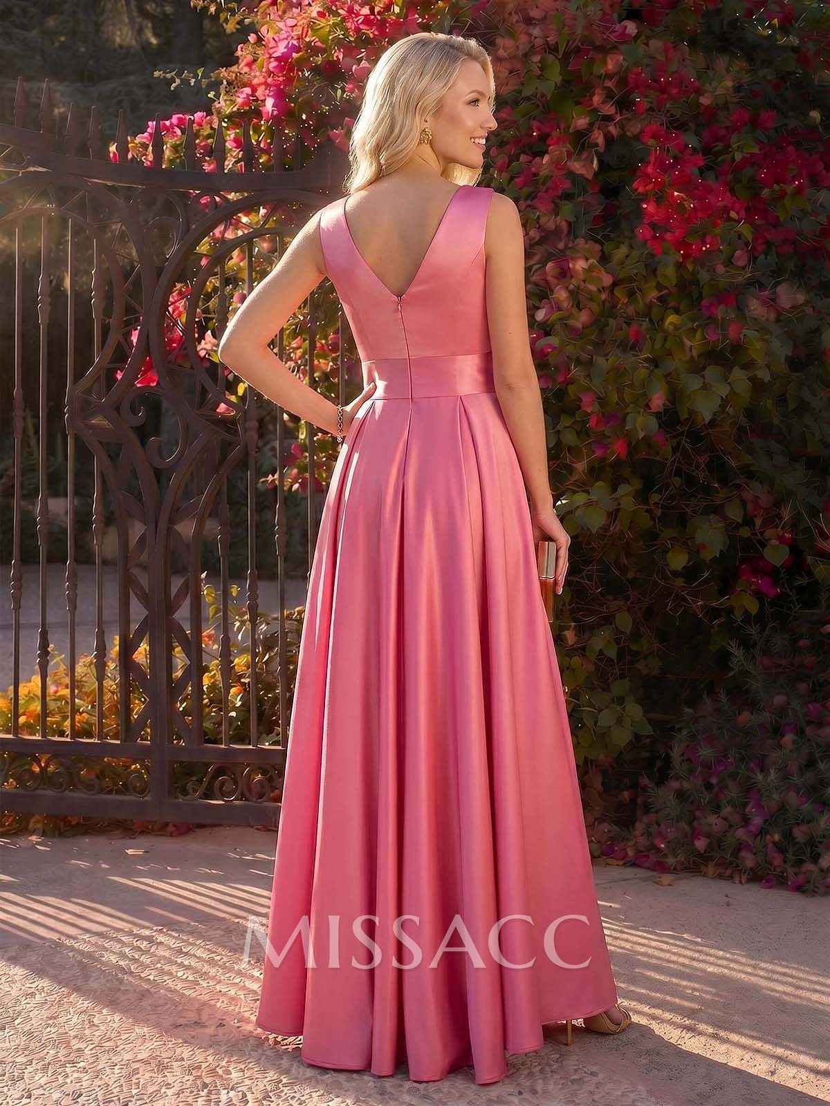 A-Line V-Neck Sleeveless Floor-Length Satin Evening Dresses With Cascading Ruffles