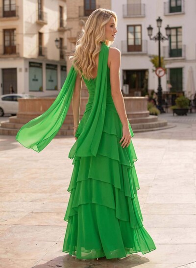 A-Line V-Neck Sleeveless Floor-Length Chiffon Evening Dresses With Cascading Ruffles/Tiered