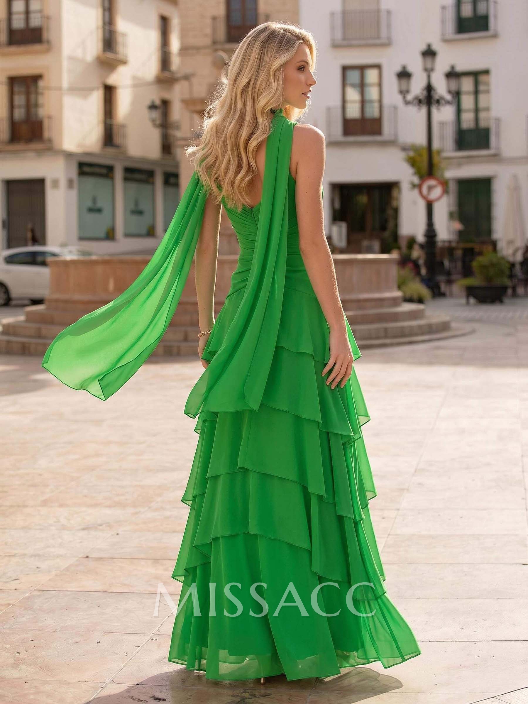 A-Line V-Neck Sleeveless Floor-Length Chiffon Evening Dresses With Cascading Ruffles/Tiered
