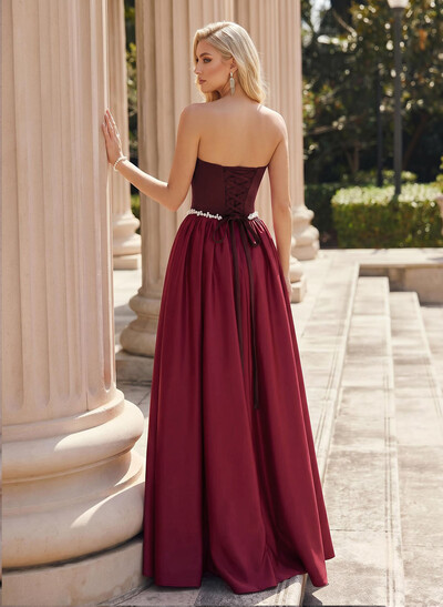 A-Line Strapless Sleeveless Sweep Train Satin/Elastic Satin Evening Dresses With Rhinestone