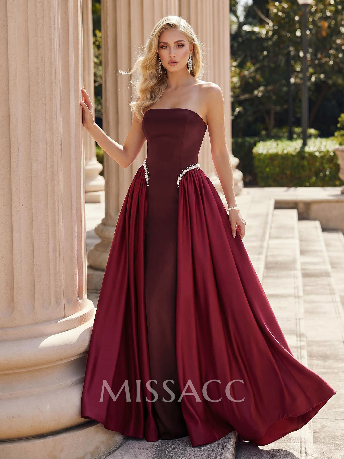A-Line Strapless Sleeveless Sweep Train Satin/Elastic Satin Evening Dresses With Rhinestone