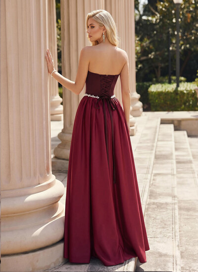 A-Line Strapless Floor-Length Satin/Stretch Satin Evening Gown With Rhinestones