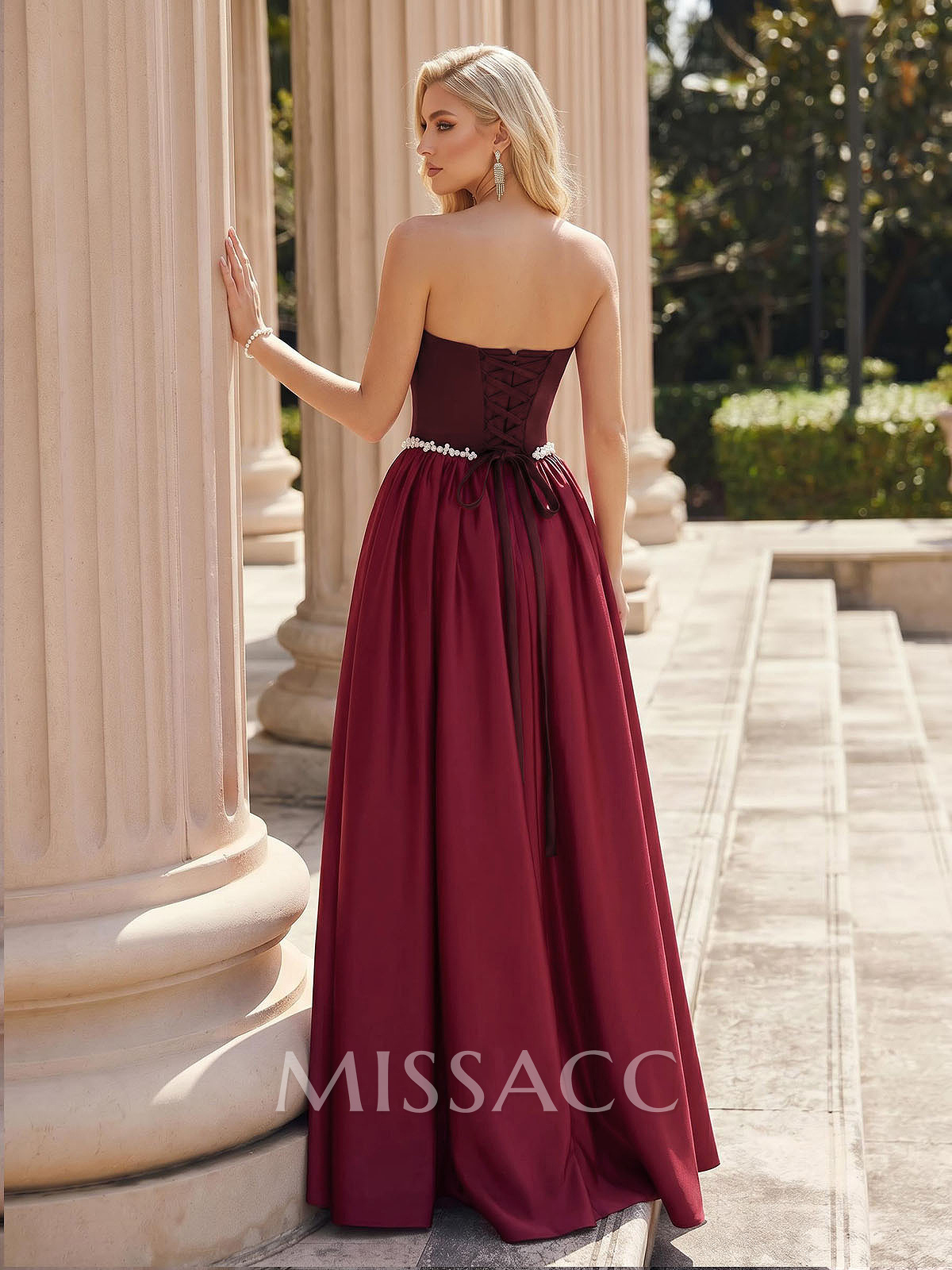 A-Line Strapless Sleeveless Floor-Length Satin/Elastic Satin Evening Dresses With Rhinestone