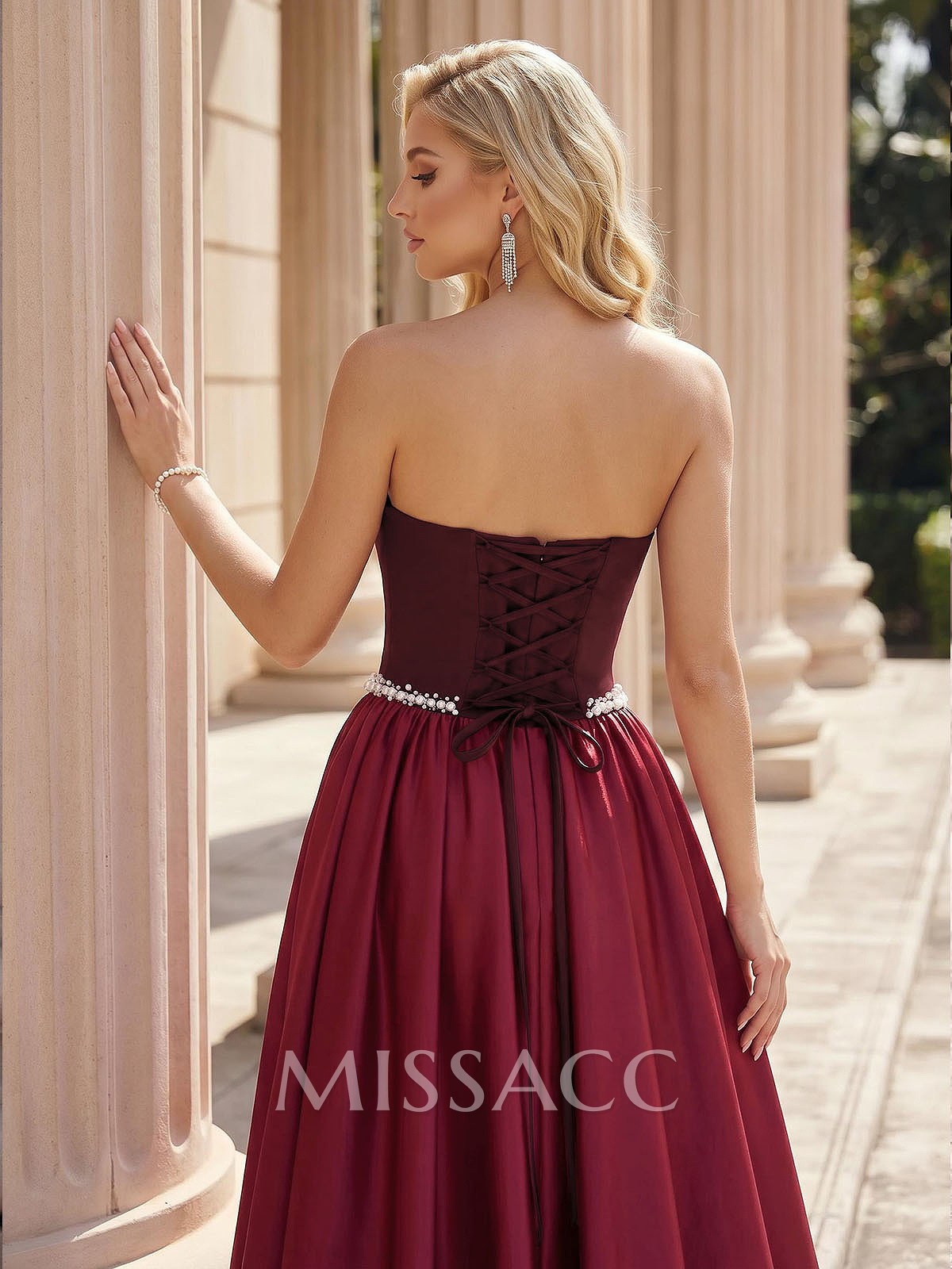 A-Line Strapless Sleeveless Floor-Length Satin/Elastic Satin Evening Dresses With Rhinestone