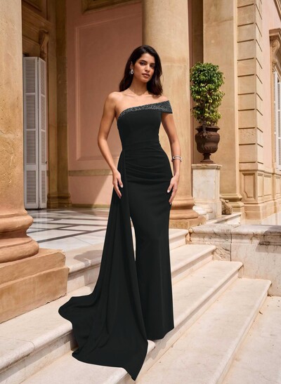 Sheath/Column One-Shoulder Sleeveless Floor-Length Elastic Satin Evening Dresses With Rhinestone/Sweeping Side Drape