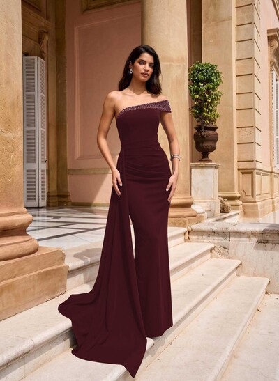 Sheath/Column One-Shoulder Sleeveless Floor-Length Elastic Satin Evening Dresses With Rhinestone/Sweeping Side Drape