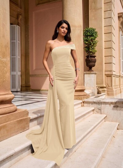Sheath/Column One-Shoulder Sleeveless Floor-Length Elastic Satin Evening Dresses With Rhinestone/Sweeping Side Drape