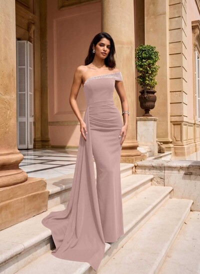 Sheath/Column One-Shoulder Sleeveless Floor-Length Elastic Satin Evening Dresses With Rhinestone/Sweeping Side Drape