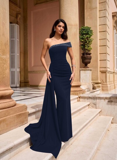 Sheath/Column One-Shoulder Sleeveless Floor-Length Elastic Satin Evening Dresses With Rhinestone/Sweeping Side Drape