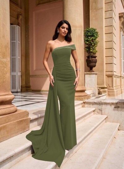 Sheath/Column One-Shoulder Sleeveless Floor-Length Elastic Satin Evening Dresses With Rhinestone/Sweeping Side Drape