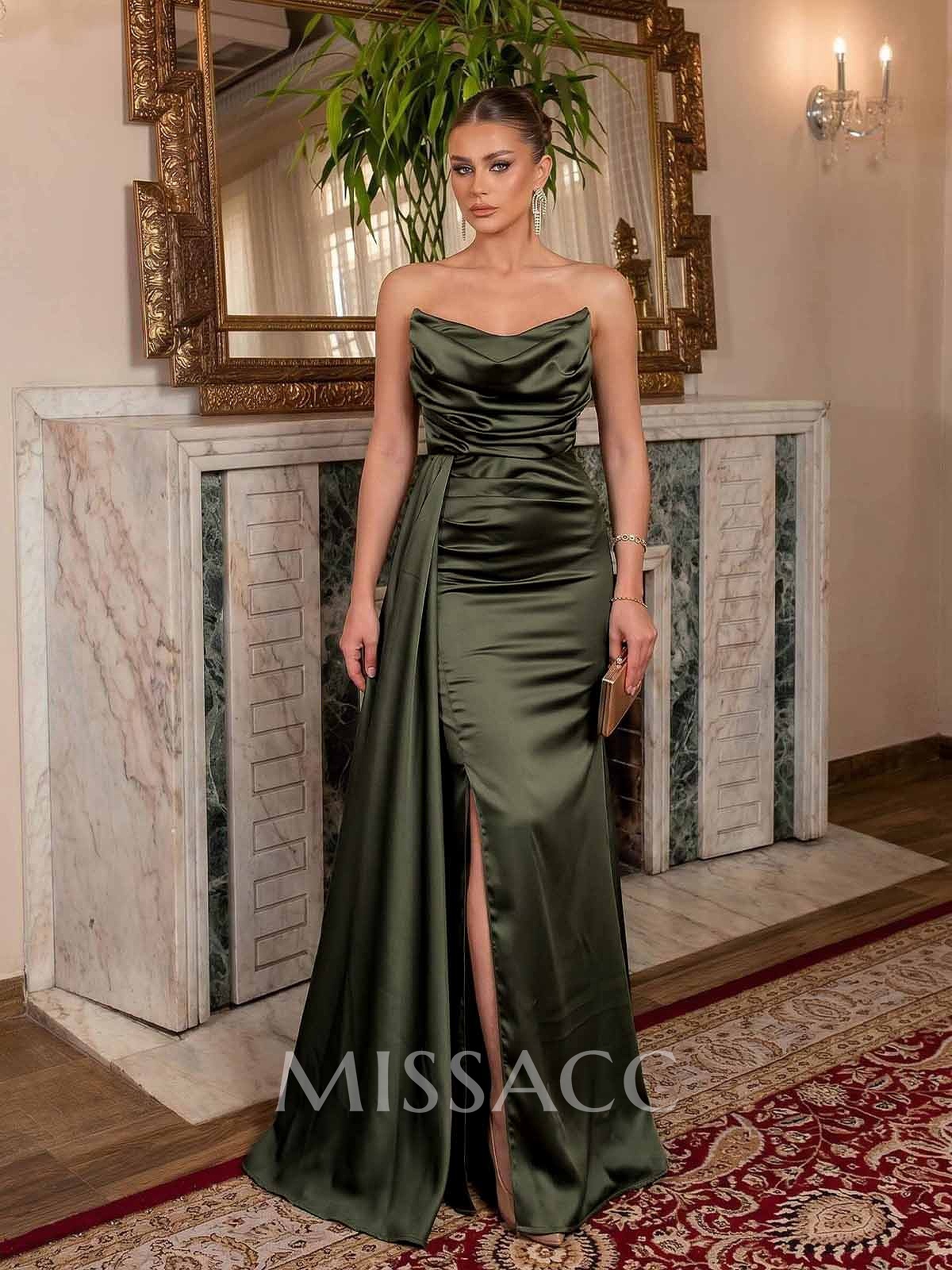 Sheath/Column Strapless Floor-Length Charmeuse Evening Dresses With High Split/Sweeping Side Drape
