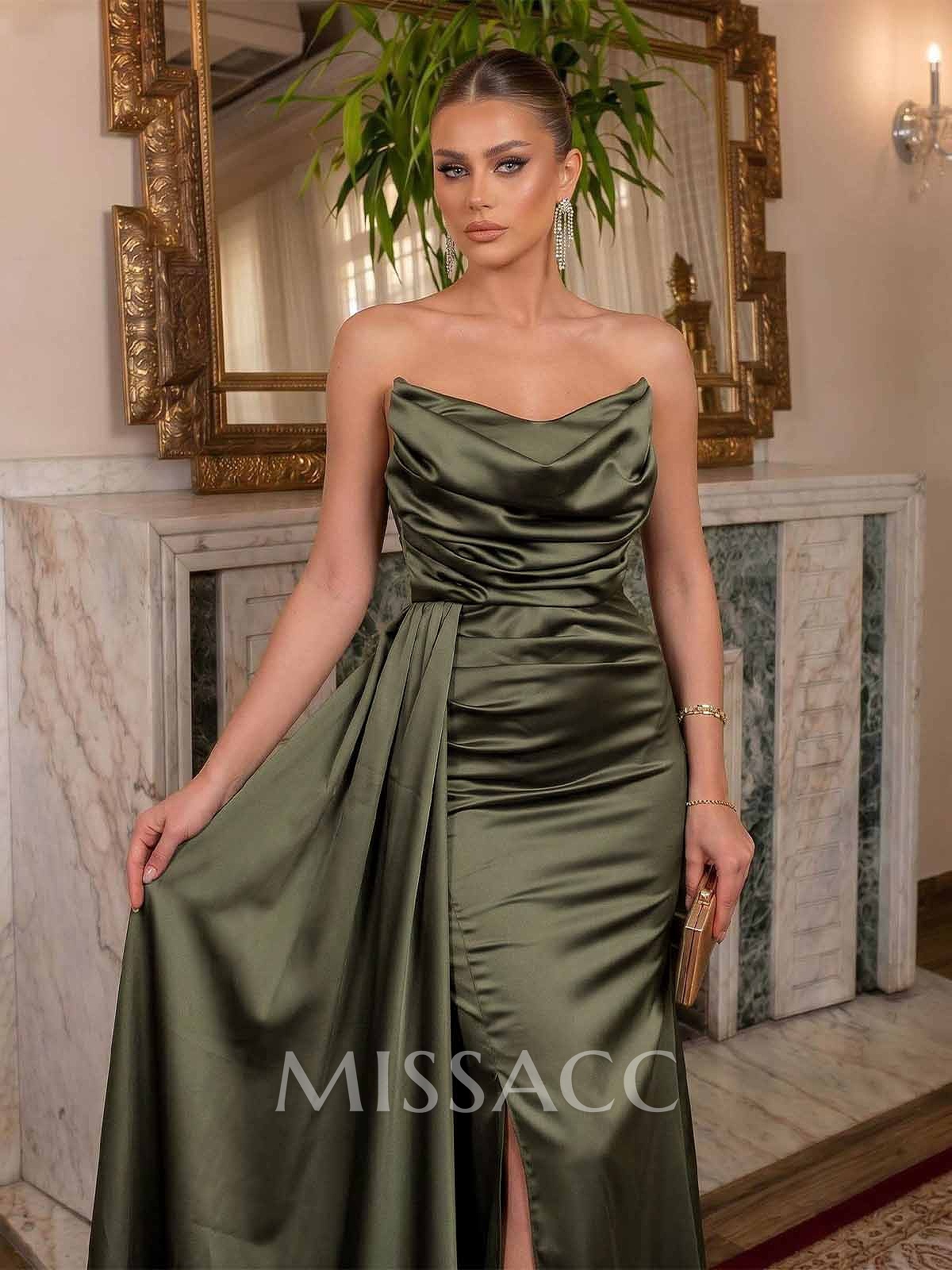 Sheath/Column Strapless Floor-Length Charmeuse Evening Dresses With High Split/Sweeping Side Drape