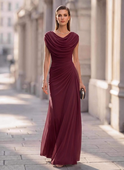 Sheath/Column Scoop Neck Short Sleeves Floor-Length Chiffon Evening Dresses With Pleated