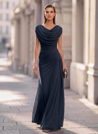 Column Scoop Neck Short Sleeve Floor-Length Chiffon Mother Of The Bride Dress With Pleats