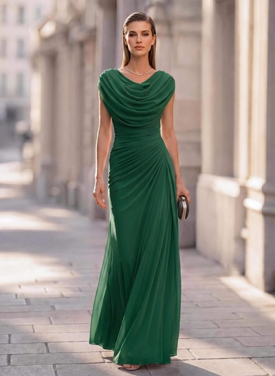 Sheath/Column Scoop Neck Short Sleeves Floor-Length Chiffon Mother Of The Bride Dresses With Pleated
