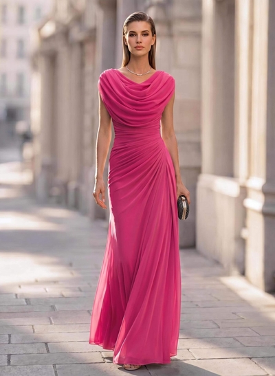 Sheath/Column Scoop Neck Short Sleeves Floor-Length Chiffon Mother Of The Bride Dresses With Pleated