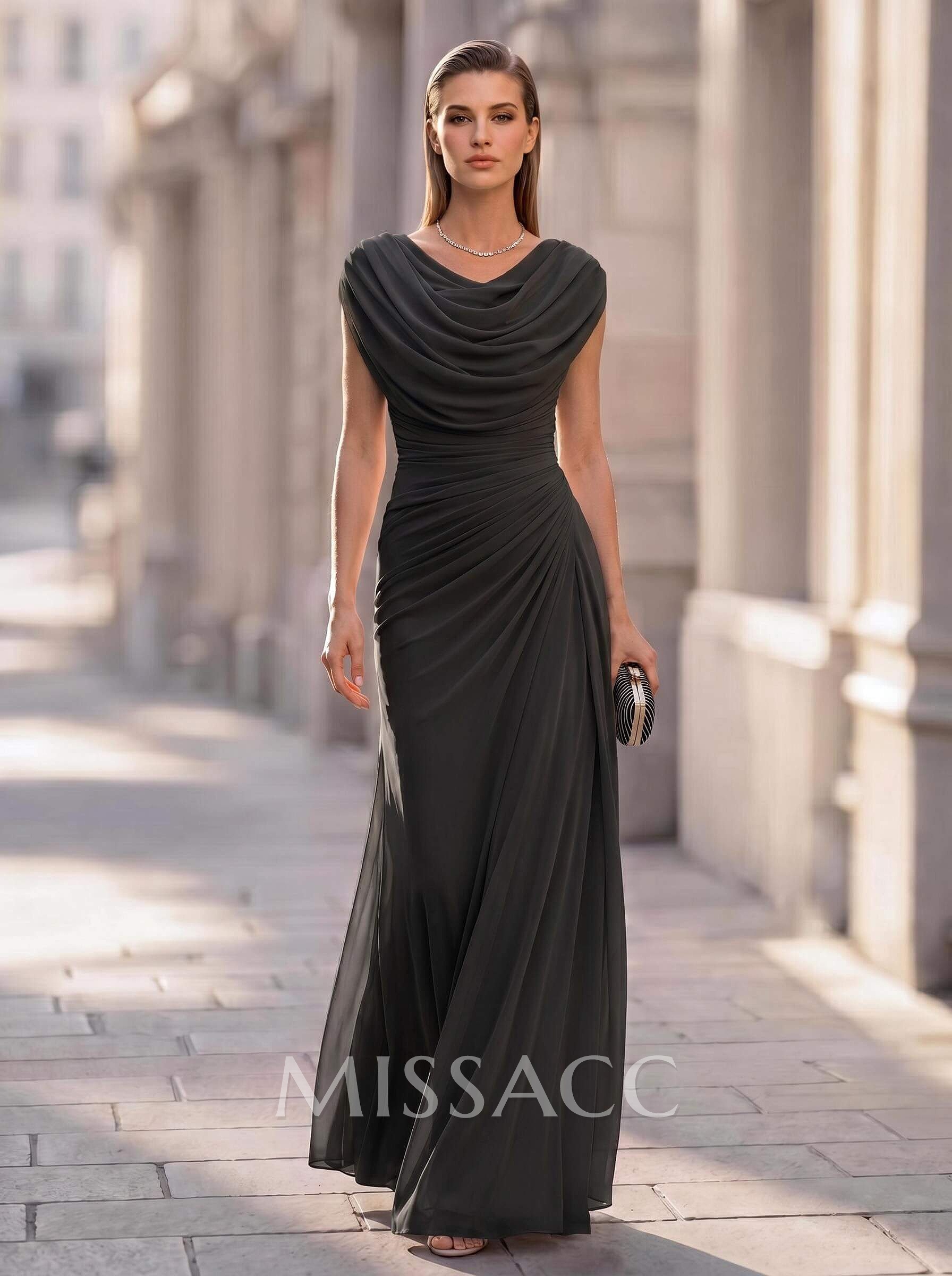 Sheath/Column Scoop Neck Short Sleeves Floor-Length Chiffon Evening Dresses With Pleated Sheath/Column Scoop Neck Short Sleeves Floor-Length Chiffon Evening Dresses With Pleated