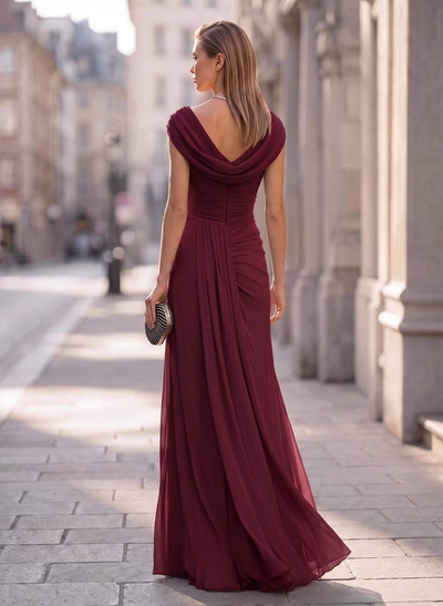 Sheath/Column Scoop Neck Short Sleeves Floor-Length Chiffon Evening Dresses With Pleated