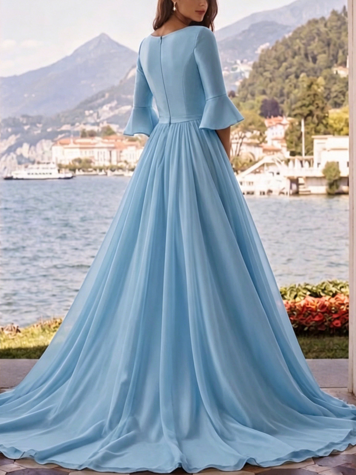 Ball-Gown V-Neck 3/4 Sleeves Sweep Train Chiffon/Lace Evening Dresses