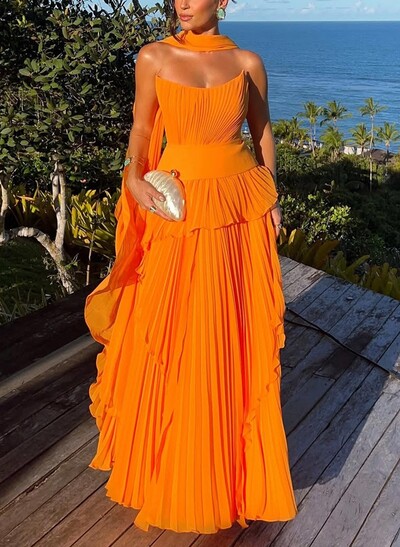 A-Line Scoop Neck Sleeveless Floor-Length Chiffon Evening Dresses With Pleated