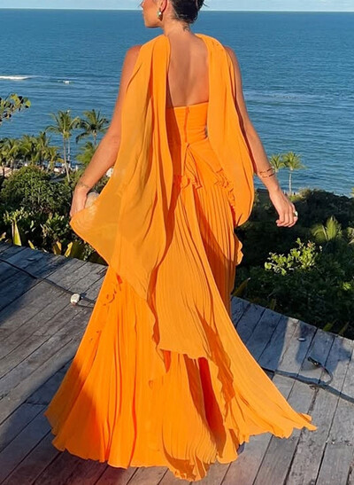 A-Line Scoop Neck Sleeveless Floor-Length Chiffon Evening Dresses With Pleated