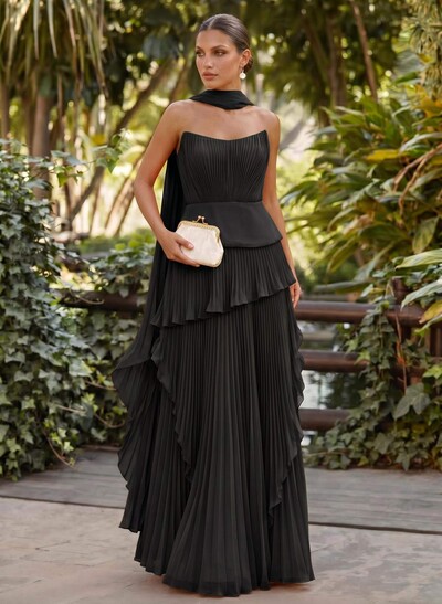 A-Line Scoop Neck Sleeveless Floor-Length Chiffon Evening Dresses With Pleated