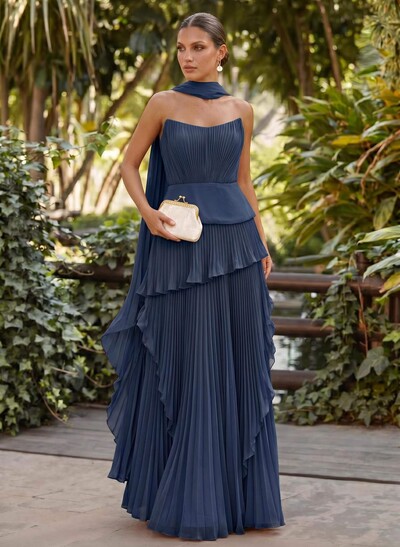 A-Line Scoop Neck Sleeveless Floor-Length Chiffon Evening Dresses With Pleated