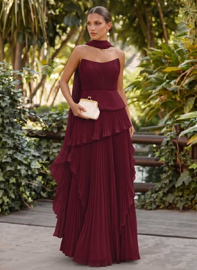 A-Line Scoop Neck Sleeveless Floor-Length Chiffon Evening Dresses With Pleated