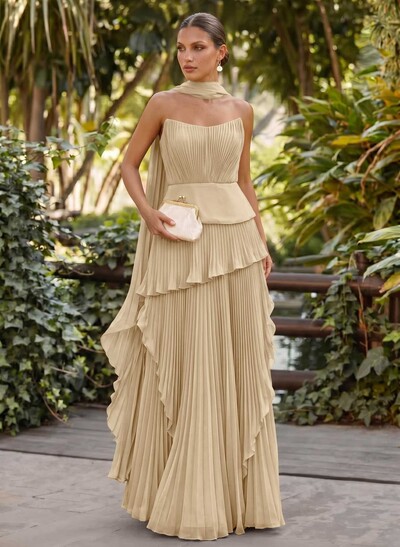 A-Line Scoop Neck Sleeveless Floor-Length Chiffon Evening Dresses With Pleated