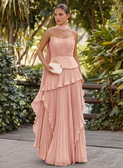 A-Line Scoop Neck Sleeveless Floor-Length Chiffon Evening Dresses With Pleated