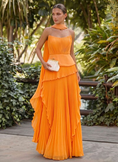 A-Line Scoop Neck Sleeveless Floor-Length Chiffon Evening Dresses With Pleated