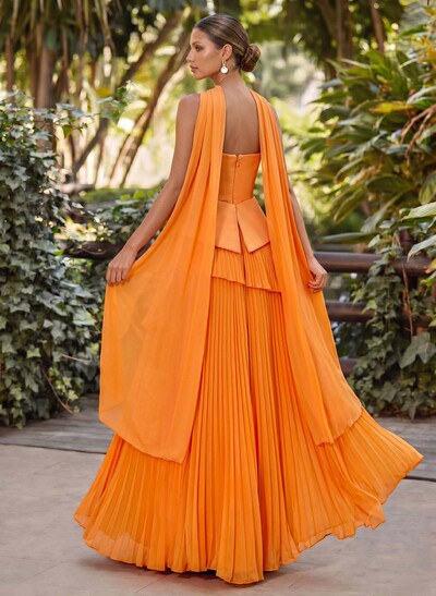 A-Line Scoop Neck Sleeveless Floor-Length Chiffon Evening Dresses With Pleated