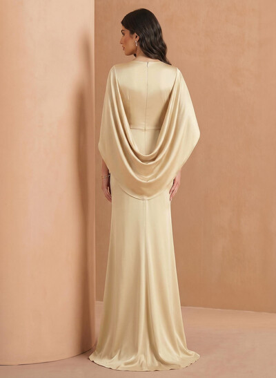 Sheath/Column Scoop Neck Cape Sleeves Floor-Length Stretch Satin Evening Dresses