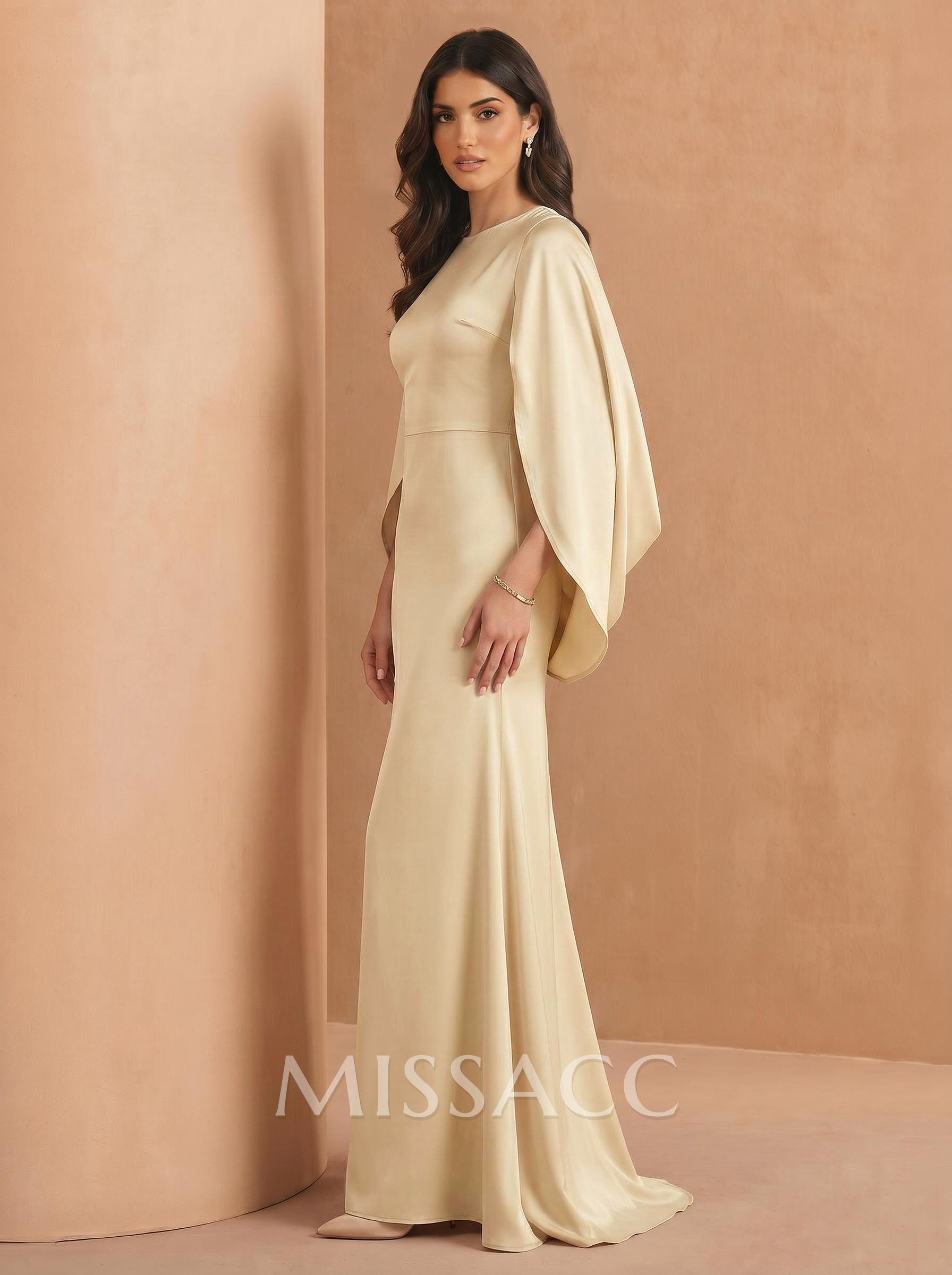 Sheath/Column Scoop Neck Cape Sleeves Floor-Length Stretch Satin Evening Dresses