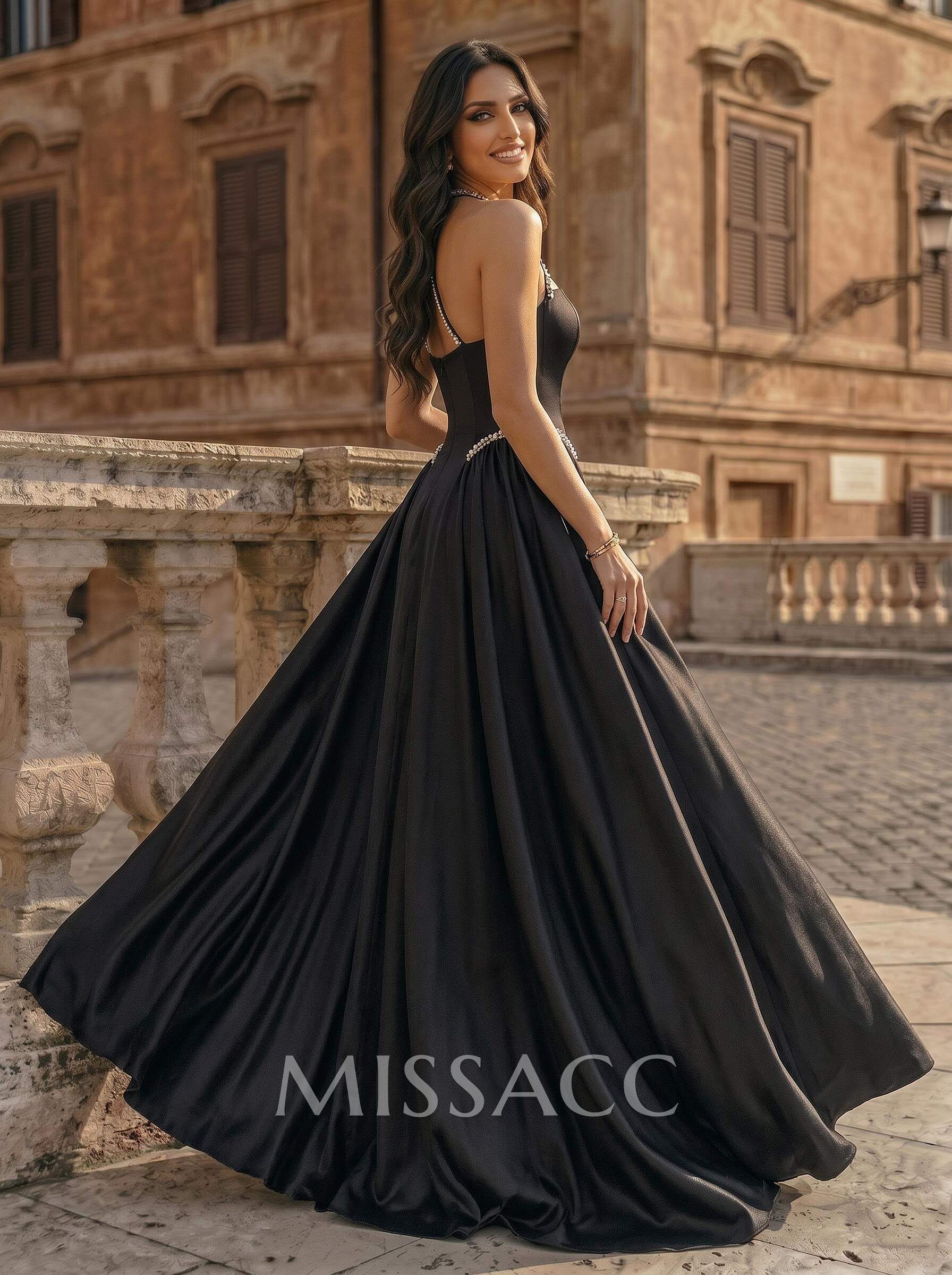 Elegant A-Line Halter Sleeveless Floor-Length Satin/Elastic Satin Evening Dresses With Beading