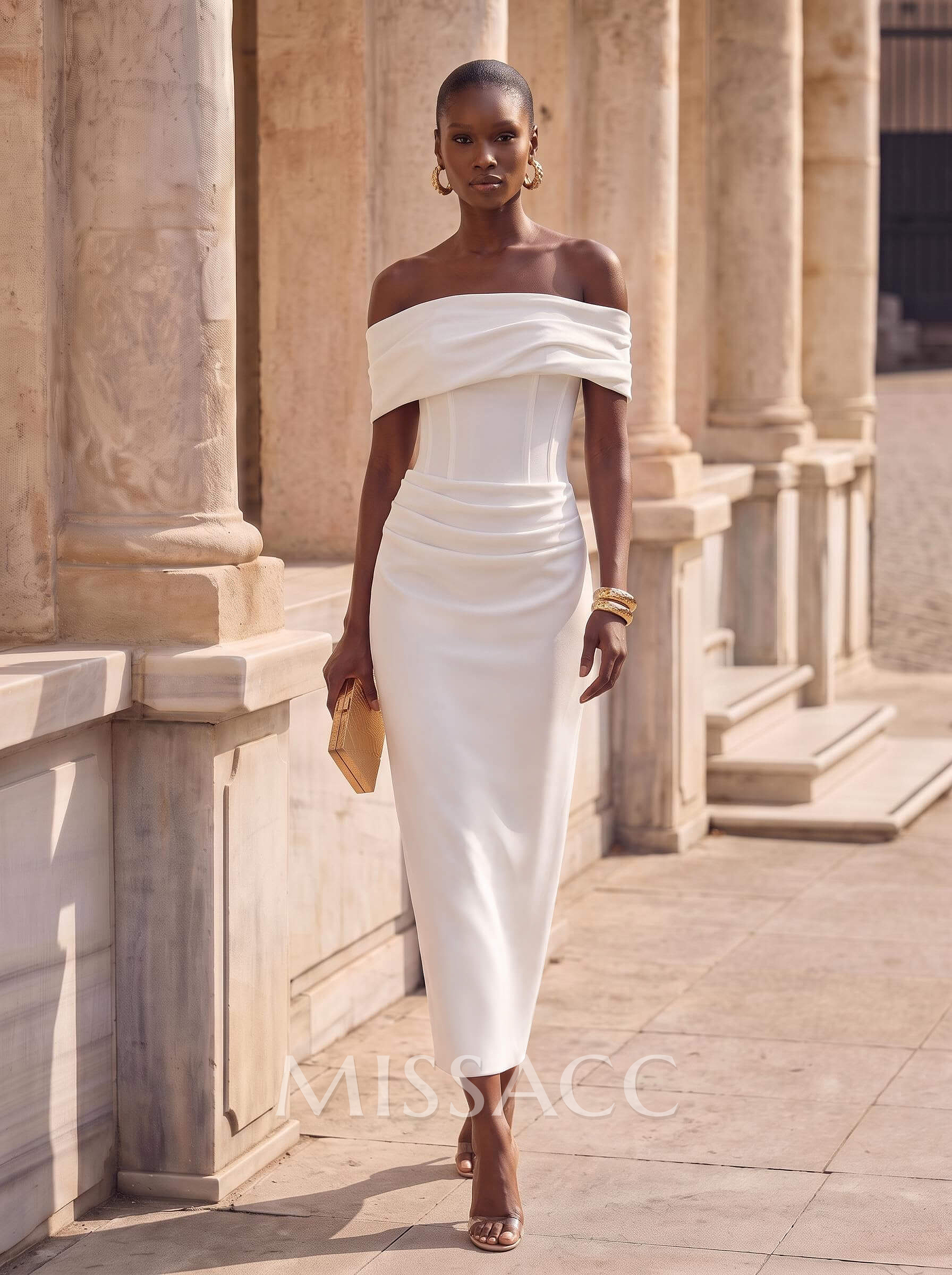 Sheath/Column Off-The-Shoulder Cape Sleeves Ankle-Length Elastic Satin Evening Dresses With Pleated/Back Slit
