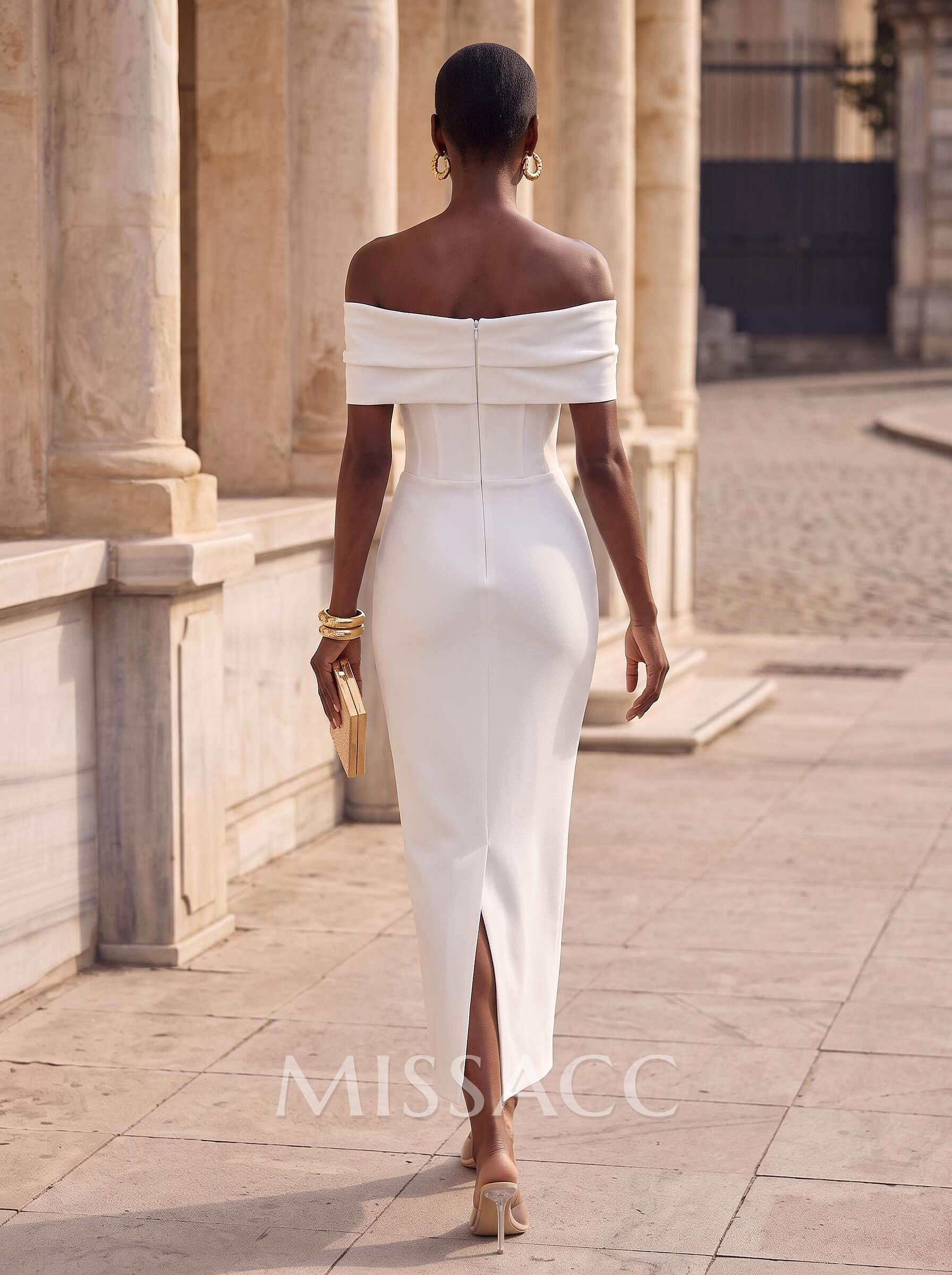 Sheath/Column Off-The-Shoulder Cape Sleeves Ankle-Length Elastic Satin Evening Dresses With Pleated/Back Slit