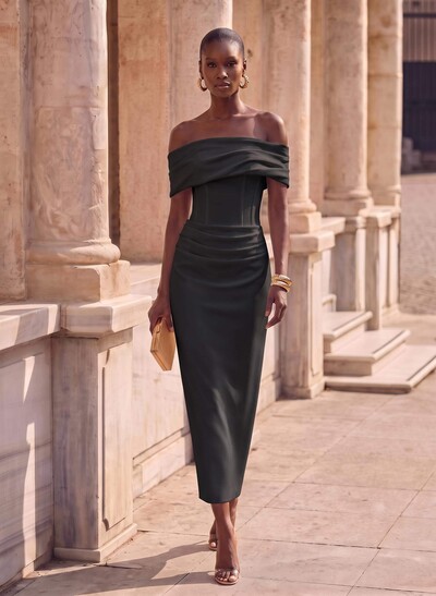 Sheath/Column Off-The-Shoulder Cape Sleeves Ankle-Length Elastic Satin Evening Dresses With Pleated/Back Slit