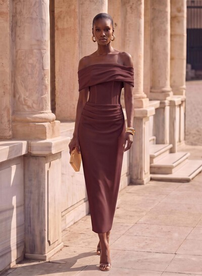 Sheath/Column Off-The-Shoulder Cape Sleeves Ankle-Length Elastic Satin Evening Dresses With Pleated/Back Slit