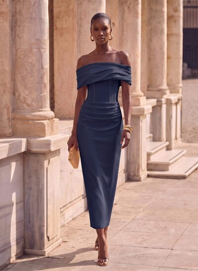 Sheath/Column Off-The-Shoulder Cape Sleeves Ankle-Length Elastic Satin Evening Dresses With Pleated/Back Slit