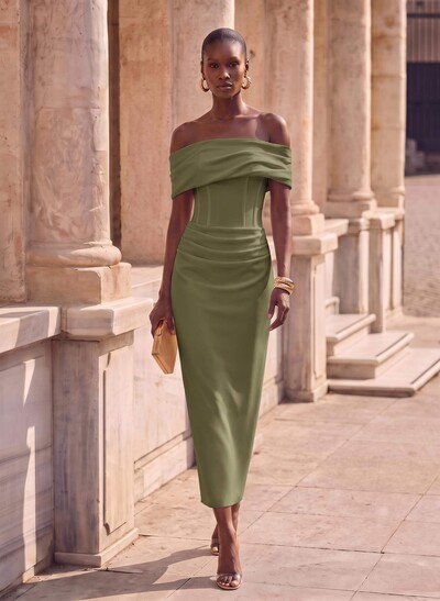 Sheath/Column Off-The-Shoulder Cape Sleeve Ankle-Length Stretch Satin Formal Dress With Pleats And Back Slit