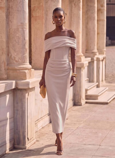 Sheath/Column Off-The-Shoulder Cape Sleeves Ankle-Length Elastic Satin Evening Dresses With Pleated/Back Slit