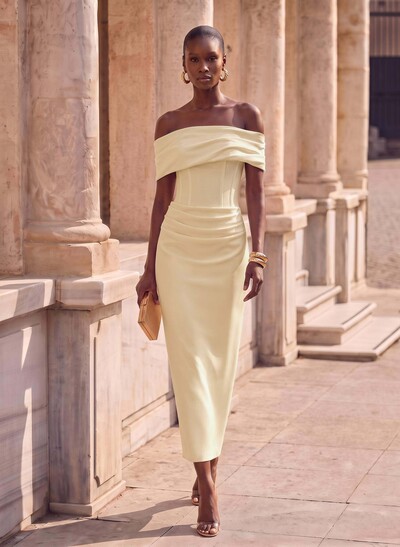 Sheath/Column Off-The-Shoulder Cape Sleeves Ankle-Length Elastic Satin Evening Dresses With Pleated/Back Slit