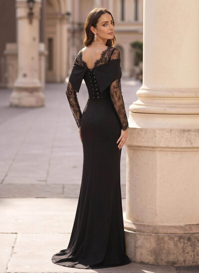 Trumpet/Mermaid Square Neckline Long Sleeves Sweep Train Elastic Satin Evening Dresses With Lace