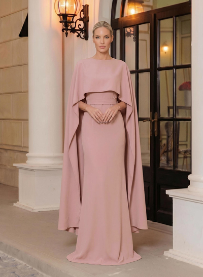 Sheath/Column Scoop Neck Cape Sleeves Floor-Length Crepe Satin Evening Dresses