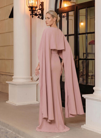 Sheath/Column Scoop Neck Cape Sleeves Floor-Length Crepe Satin Evening Dresses
