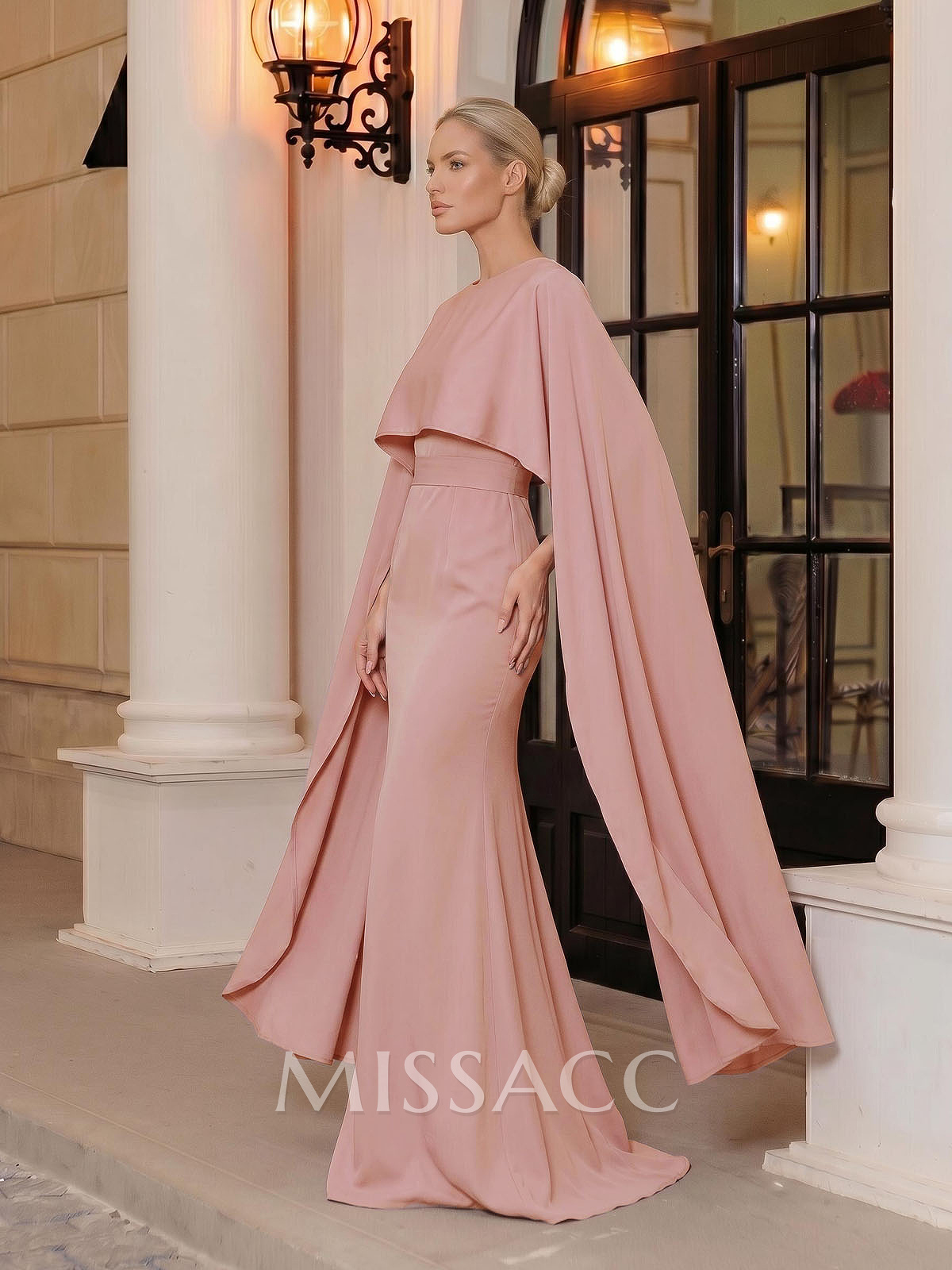 Sheath/Column Scoop Neck Cape Sleeves Floor-Length Crepe Satin Evening Dresses