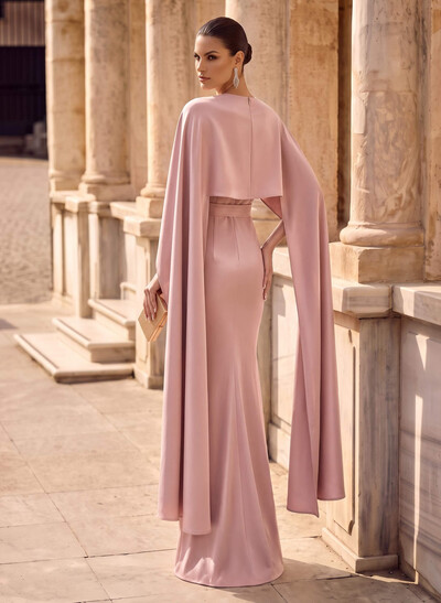 Sheath/Column Scoop Neck Cape Sleeves Floor-Length Crepe Satin Evening Dresses