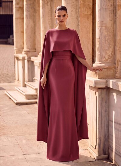 Sheath/Column Scoop Neck Cape Sleeve Floor-Length Crepe Satin Evening Gowns
